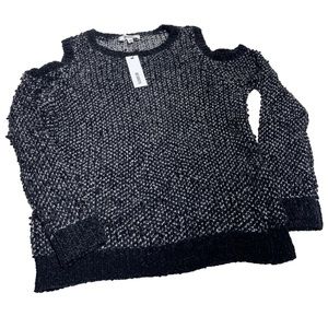 BB DAKOTA Cold Shoulder Black White DEBRA BOUCLE YARN LONG SLEEVE SWEATER Sz L